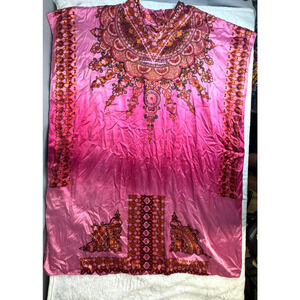 Vtg Sante' Classics Womens One Size Kaftan Dress Printed Hippie Mumu Pink Tribal